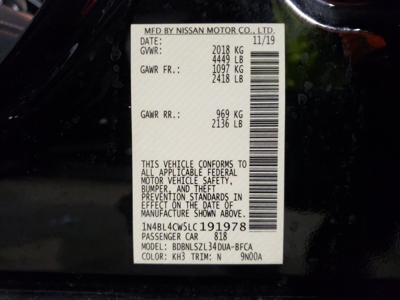 Photo 10 from auction – 2020 NISSAN ALTIMA SR with VIN 1N4BL4CW5LC191978