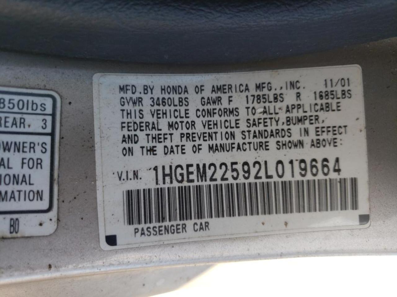 Photo 10 from auction – 2002 HONDA CIVIC LX with VIN 1HGEM22592L019664