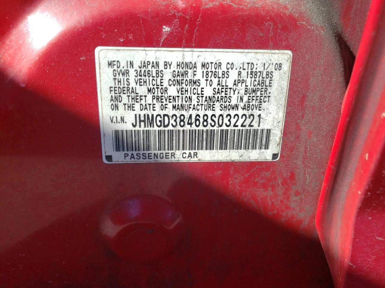 Photo 10 from auction – 2008 HONDA FIT with VIN JHMGD38468S032221