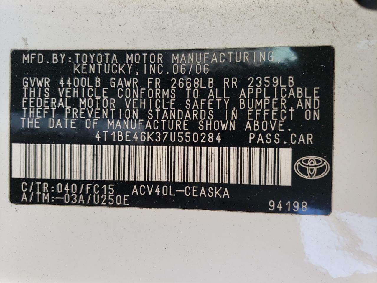 Photo 10 from auction – 2007 TOYOTA CAMRY CE with VIN 4T1BE46K37U550284