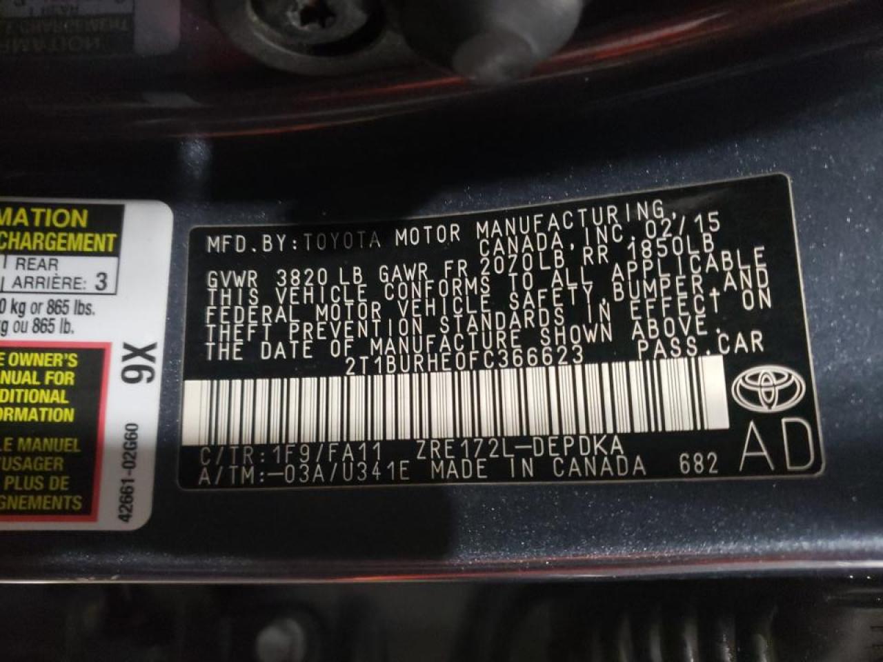 Photo 10 from auction – 2015 TOYOTA COROLLA L with VIN 2T1BURHE0FC366623