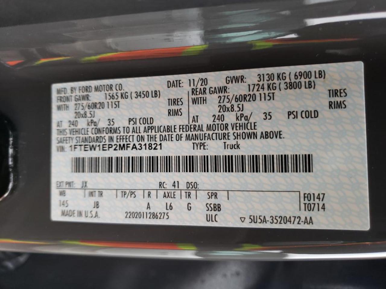 Photo 10 from auction – 2021 FORD F150 SUPER with VIN 1FTEW1EP2MFA31821
