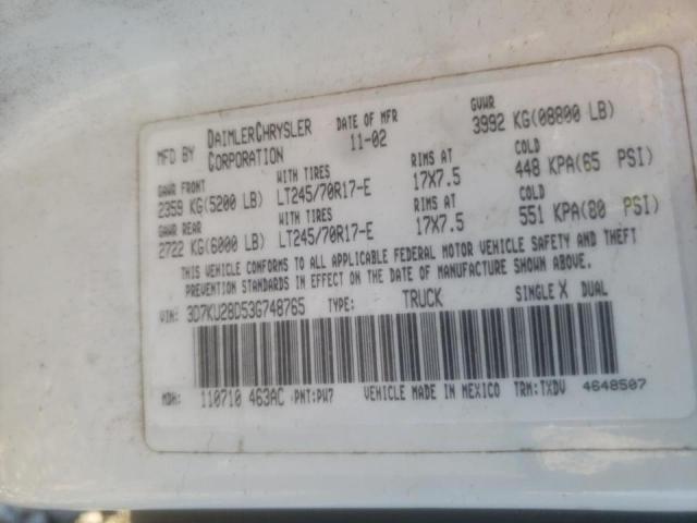 Photo 10 from auction – 2003 DODGE RAM 2500 S with VIN 3D7KU28D53G748765
