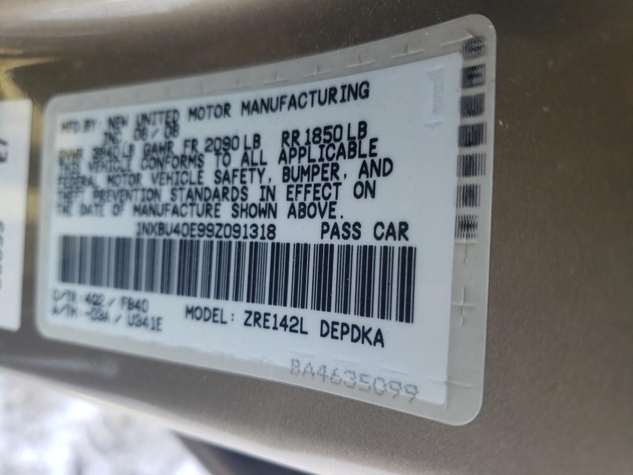 Photo 10 from auction – 2009 TOYOTA COROLLA BA with VIN 1NXBU40E99Z091318