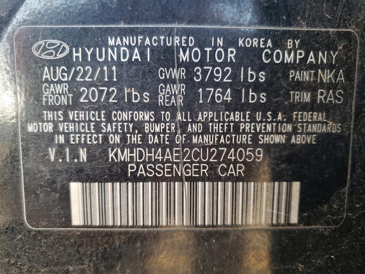Photo 10 from auction – 2012 HYUNDAI ELANTRA GL with VIN KMHDH4AE2CU274059