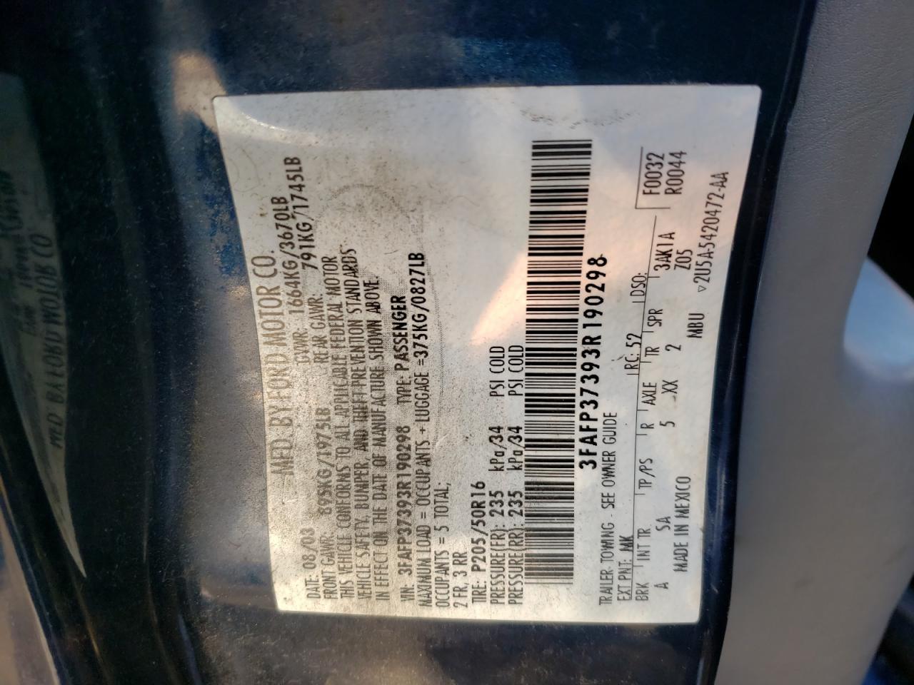 Photo 10 from auction – 2003 FORD FOCUS ZX5 with VIN 3FAFP37393R190298