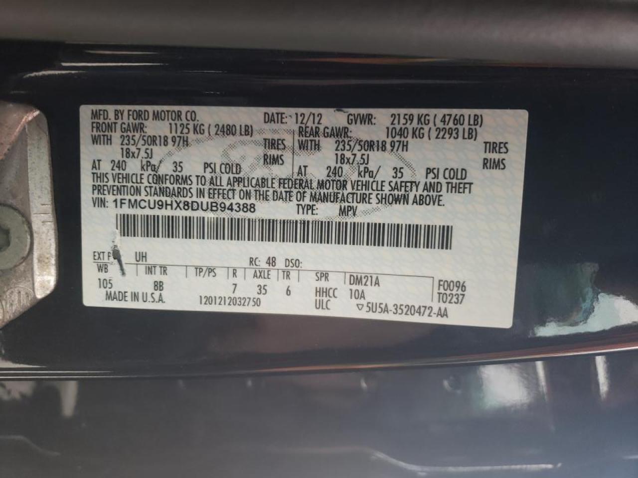 Photo 10 from auction – 2013 FORD ESCAPE SEL with VIN 1FMCU9HX8DUB94388