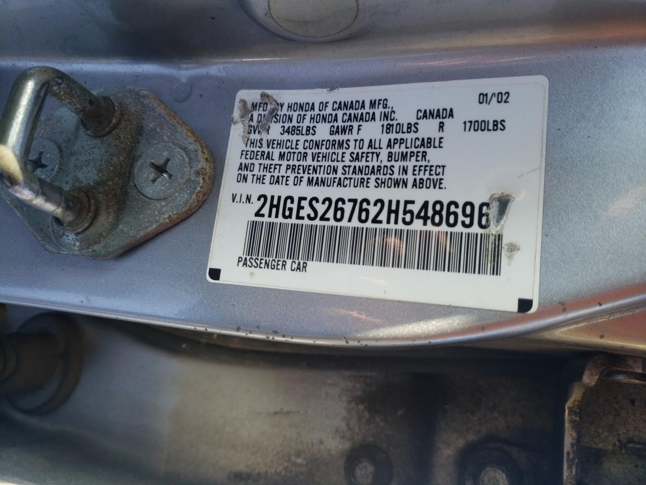 Photo 10 from auction – 2002 HONDA CIVIC with VIN 2HGES26762H548696