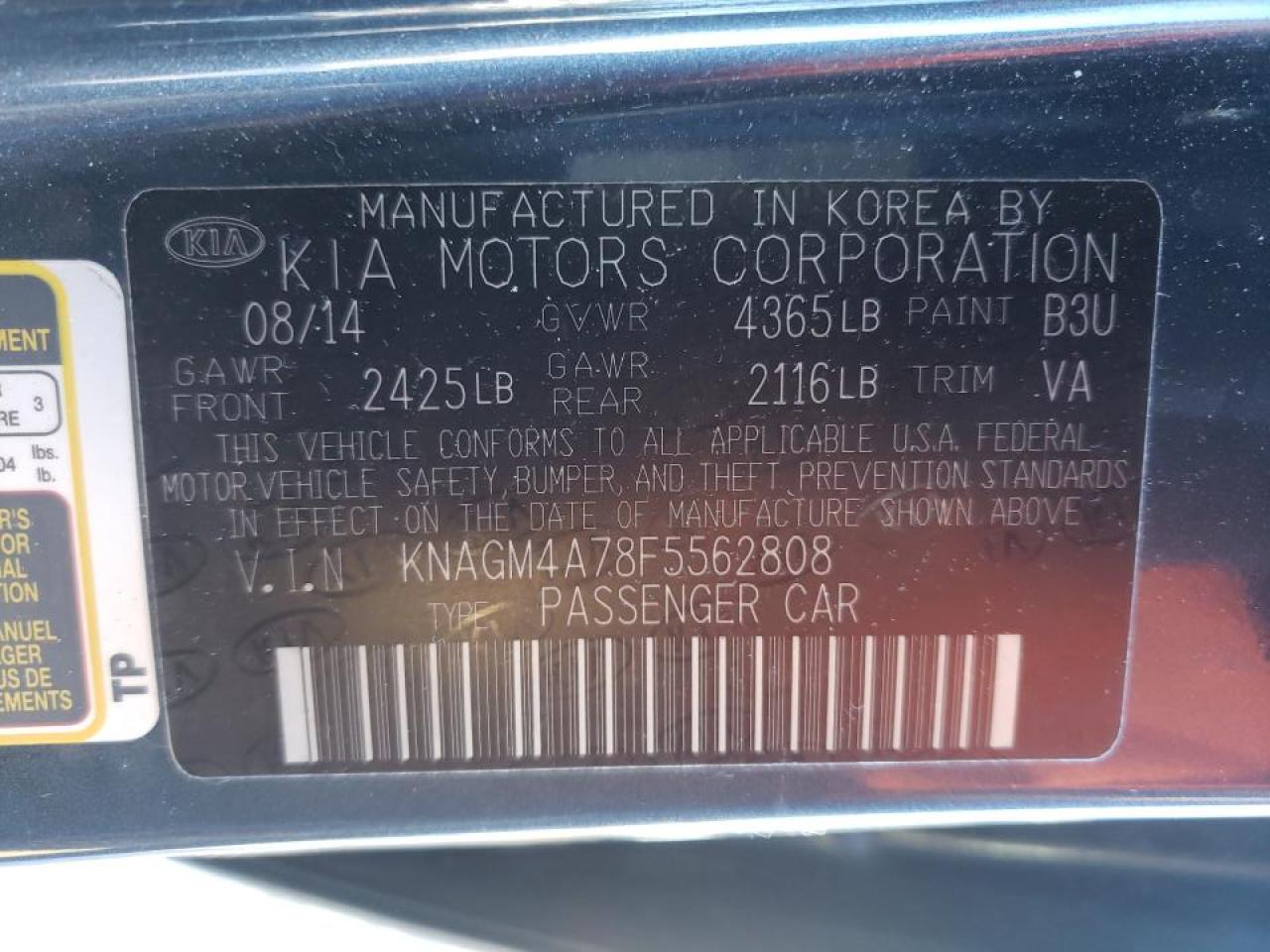 Photo 10 from auction – 2015 KIA OPTIMA LX with VIN KNAGM4A78F5562808