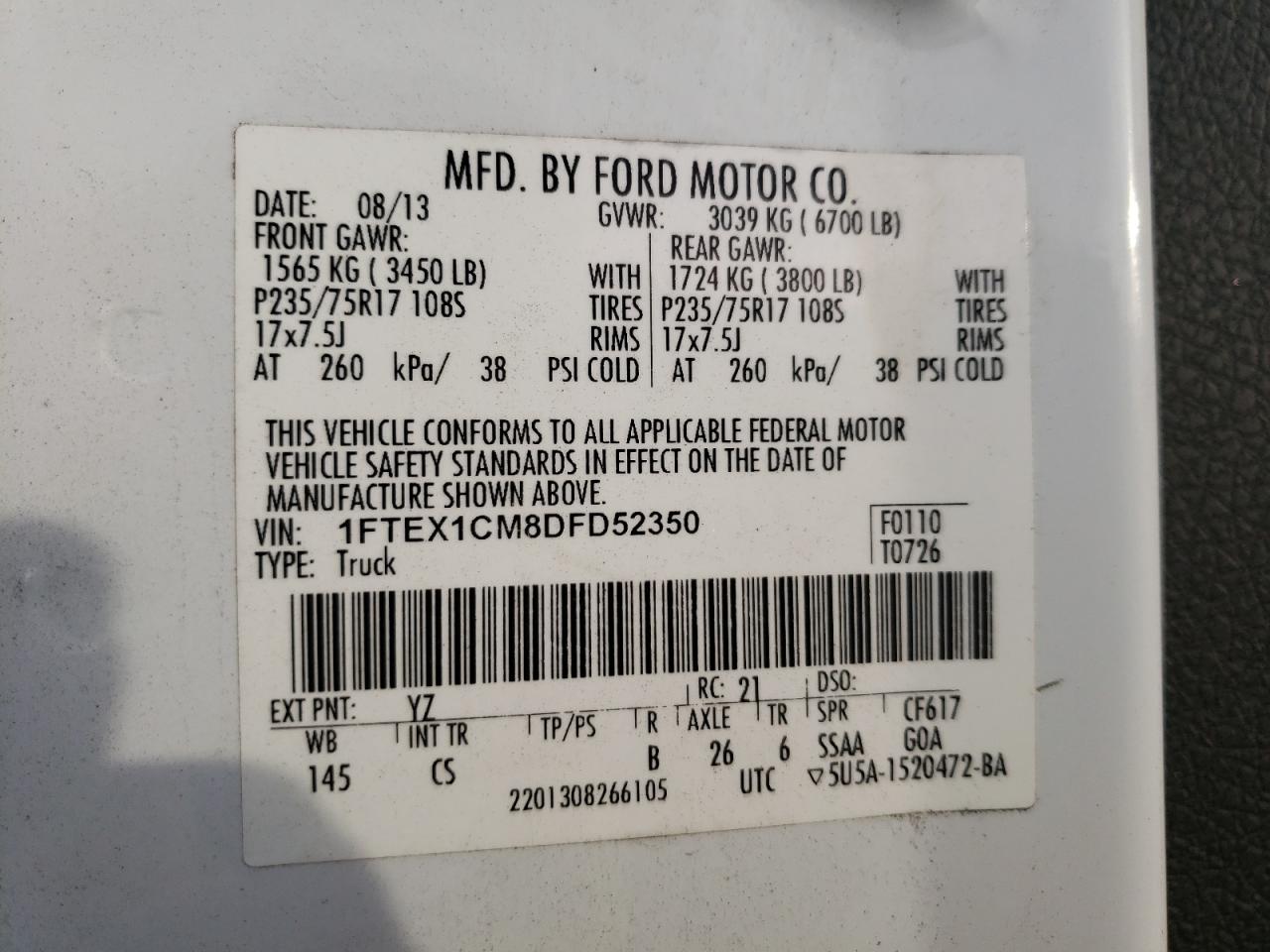 Photo 10 from auction – 2013 FORD F150 SUPER with VIN 1FTEX1CM8DFD52350