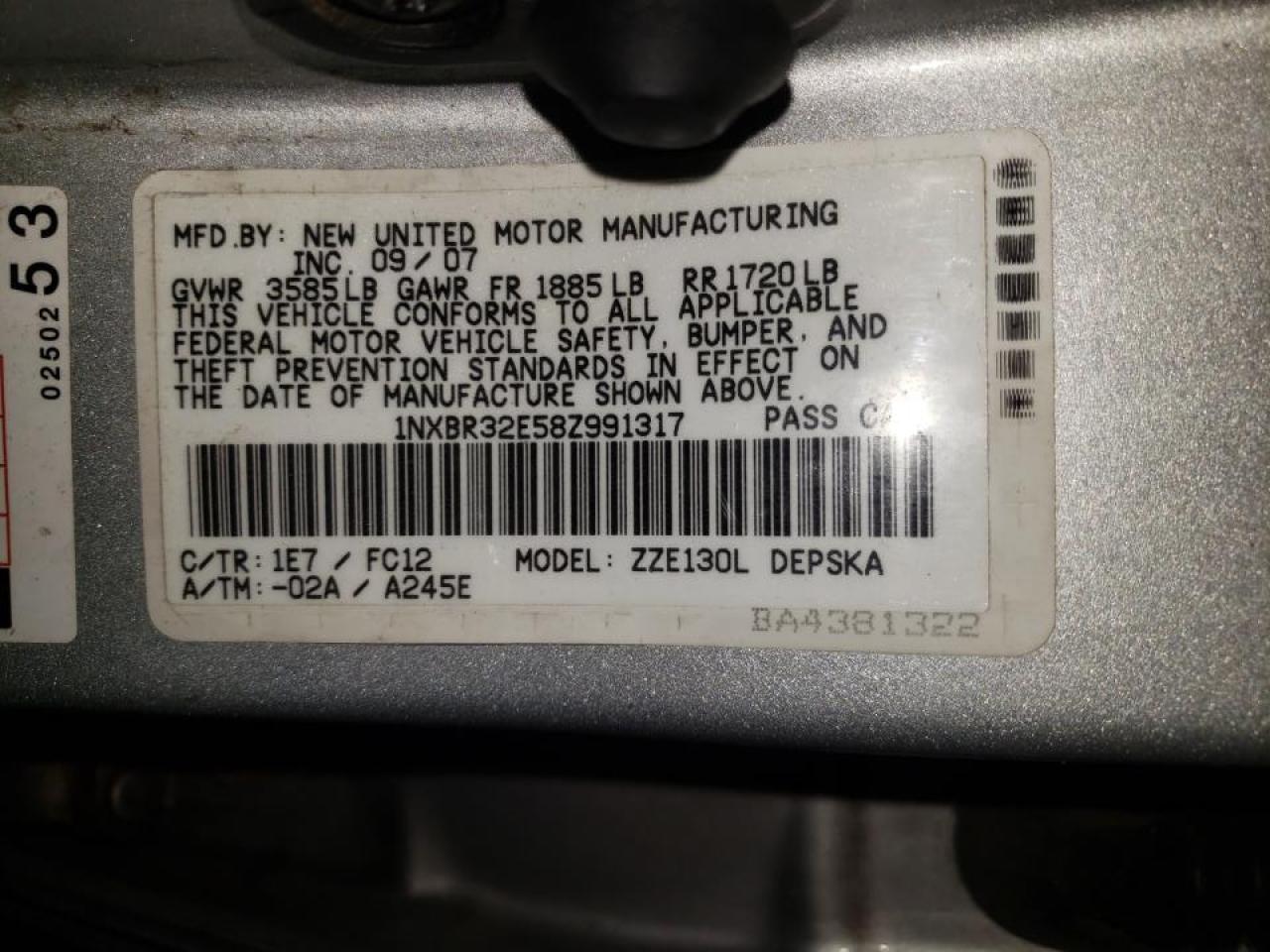 Photo 10 from auction – 2008 TOYOTA COROLLA CE with VIN 1NXBR32E58Z991317