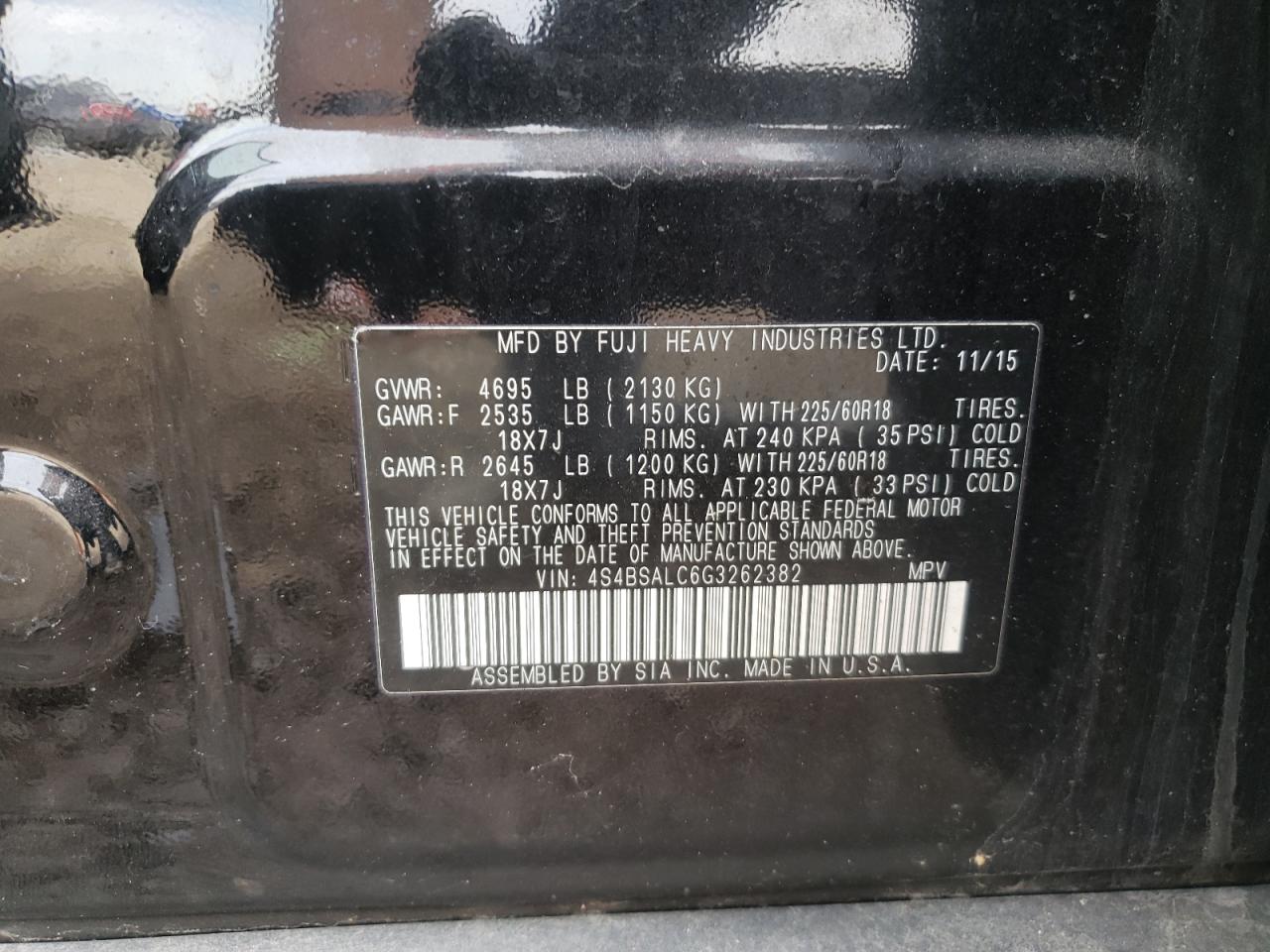 Photo 10 from auction – 2016 SUBARU OUTBACK 2. with VIN 4S4BSALC6G3262382