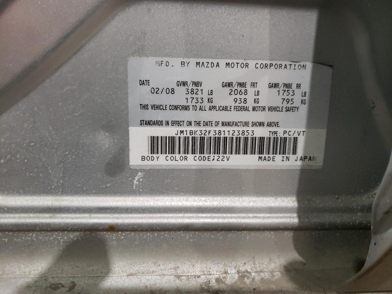 Photo 10 from auction – 2008 MAZDA 3 I with VIN JM1BK32F381123853