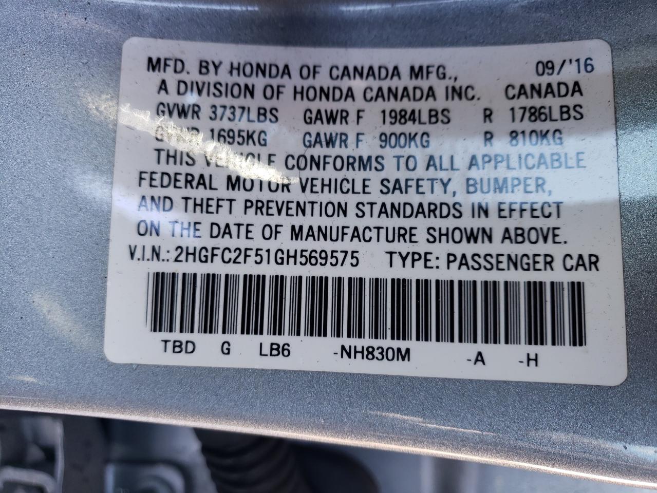 Photo 10 from auction – 2016 HONDA CIVIC LX with VIN 2HGFC2F51GH569575