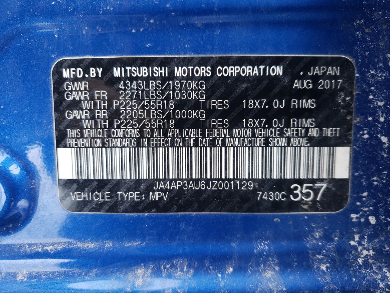 Photo 10 from auction – 2018 MITSUBISHI OUTLANDER with VIN JA4AP3AU6JZ001129