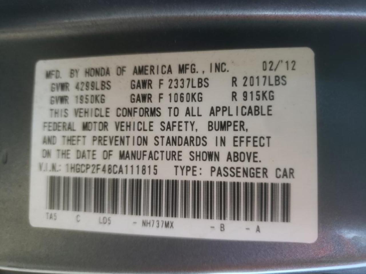 Photo 10 from auction – 2012 HONDA ACCORD LXP with VIN 1HGCP2F48CA111815
