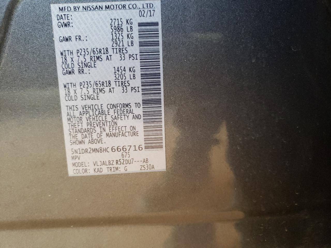 Photo 10 from auction – 2017 NISSAN PATHFINDER with VIN 5N1DR2MN8HC666716
