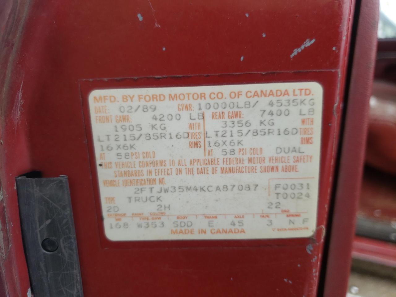 Photo 10 from auction – 1989 FORD F350 with VIN 2FTJW35M4KCA87087