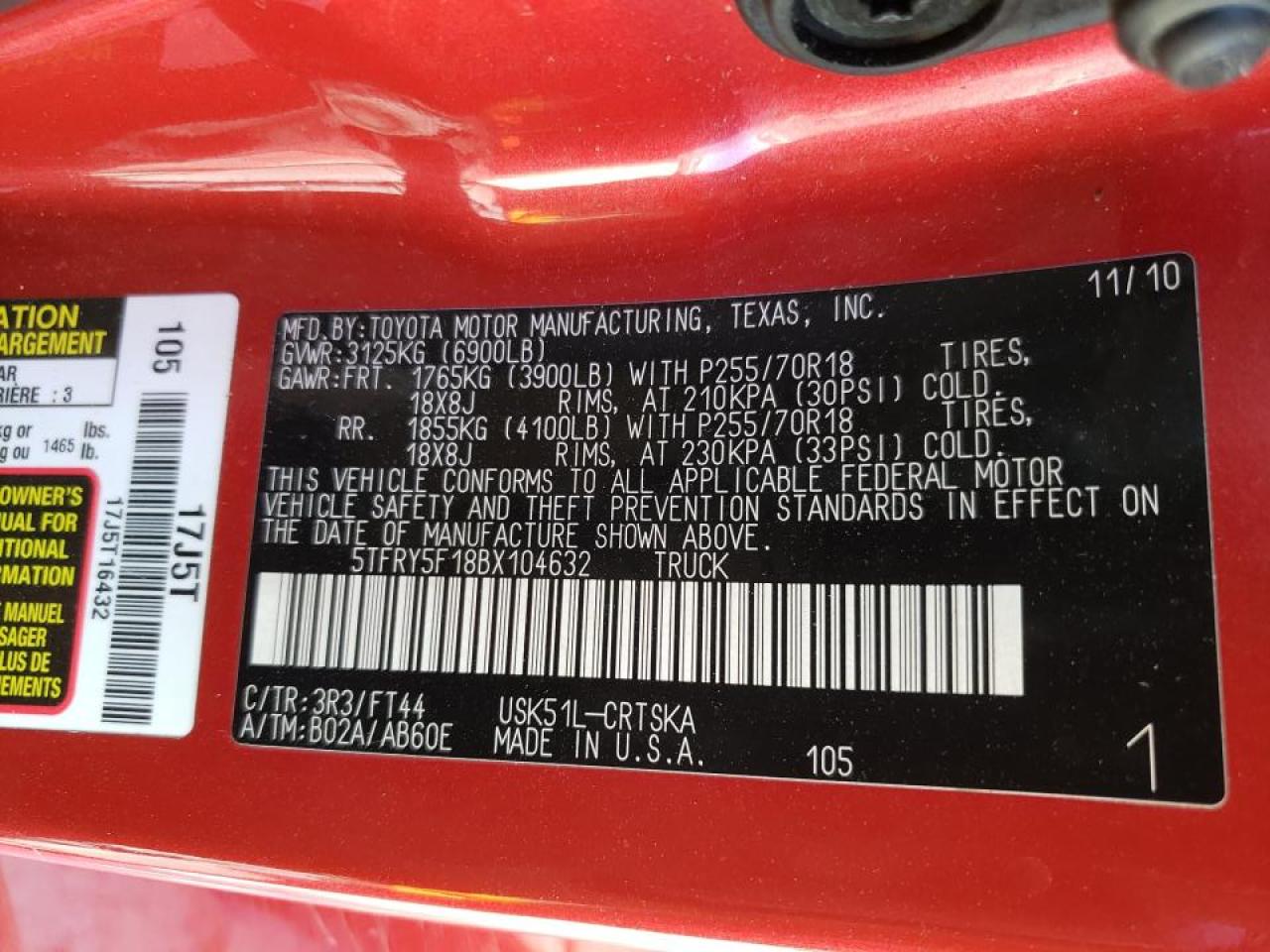 Photo 10 from auction – 2011 TOYOTA TUNDRA DOU with VIN 5TFRY5F18BX104632