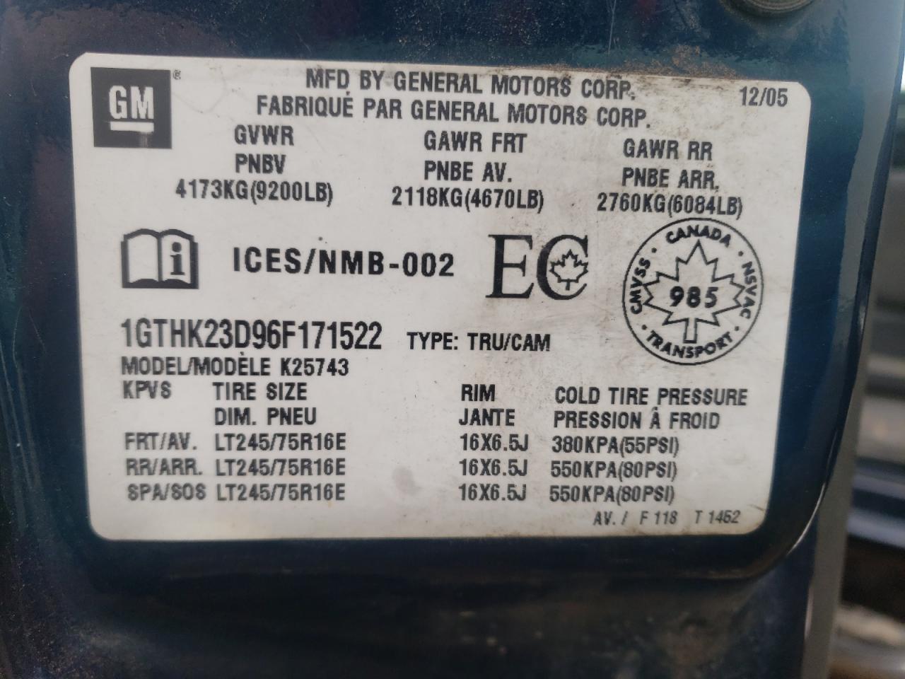 Photo 10 from auction – 2006 GMC SIERRA K25 with VIN 1GTHK23D96F171522