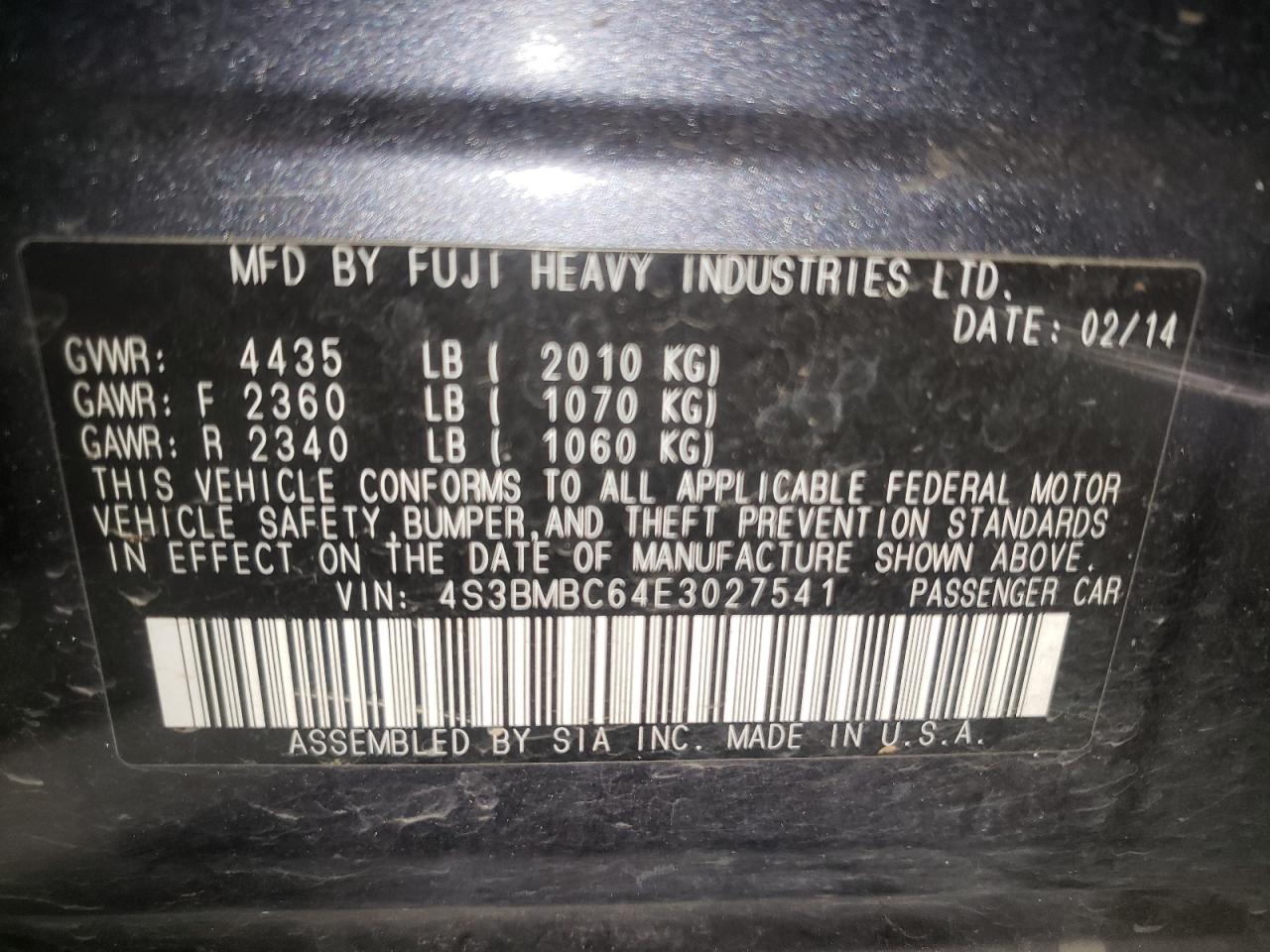 Photo 10 from auction – 2014 SUBARU LEGACY 2.5 with VIN 4S3BMBC64E3027541