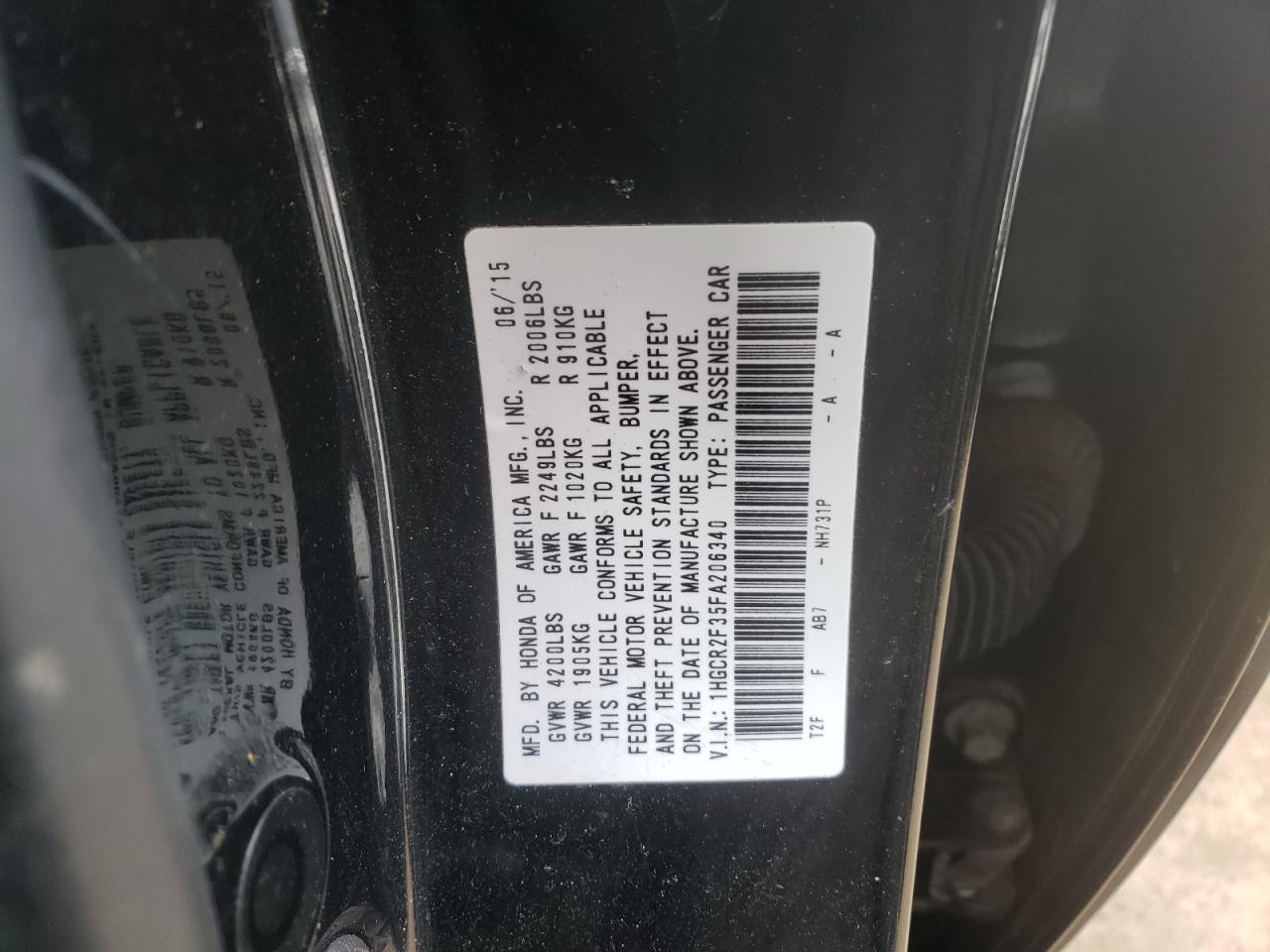 Photo 10 from auction – 2015 HONDA ACCORD LX with VIN 1HGCR2F35FA206340