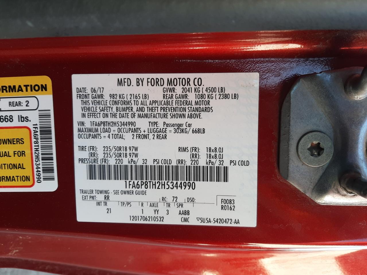 Photo 10 from auction – 2017 FORD MUSTANG with VIN 1FA6P8TH2H5344990
