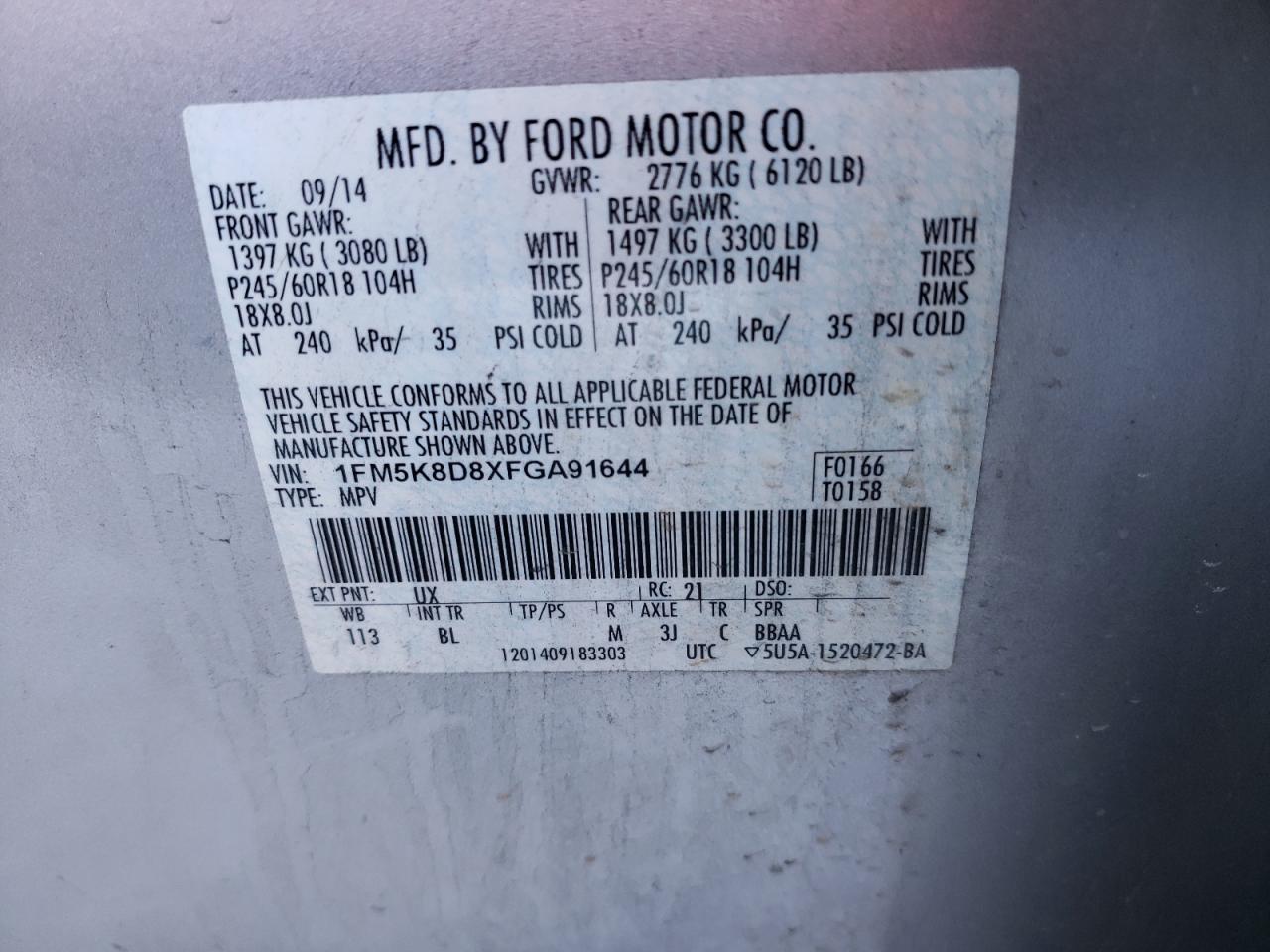 Photo 10 from auction – 2015 FORD EXPLORER X with VIN 1FM5K8D8XFGA91644