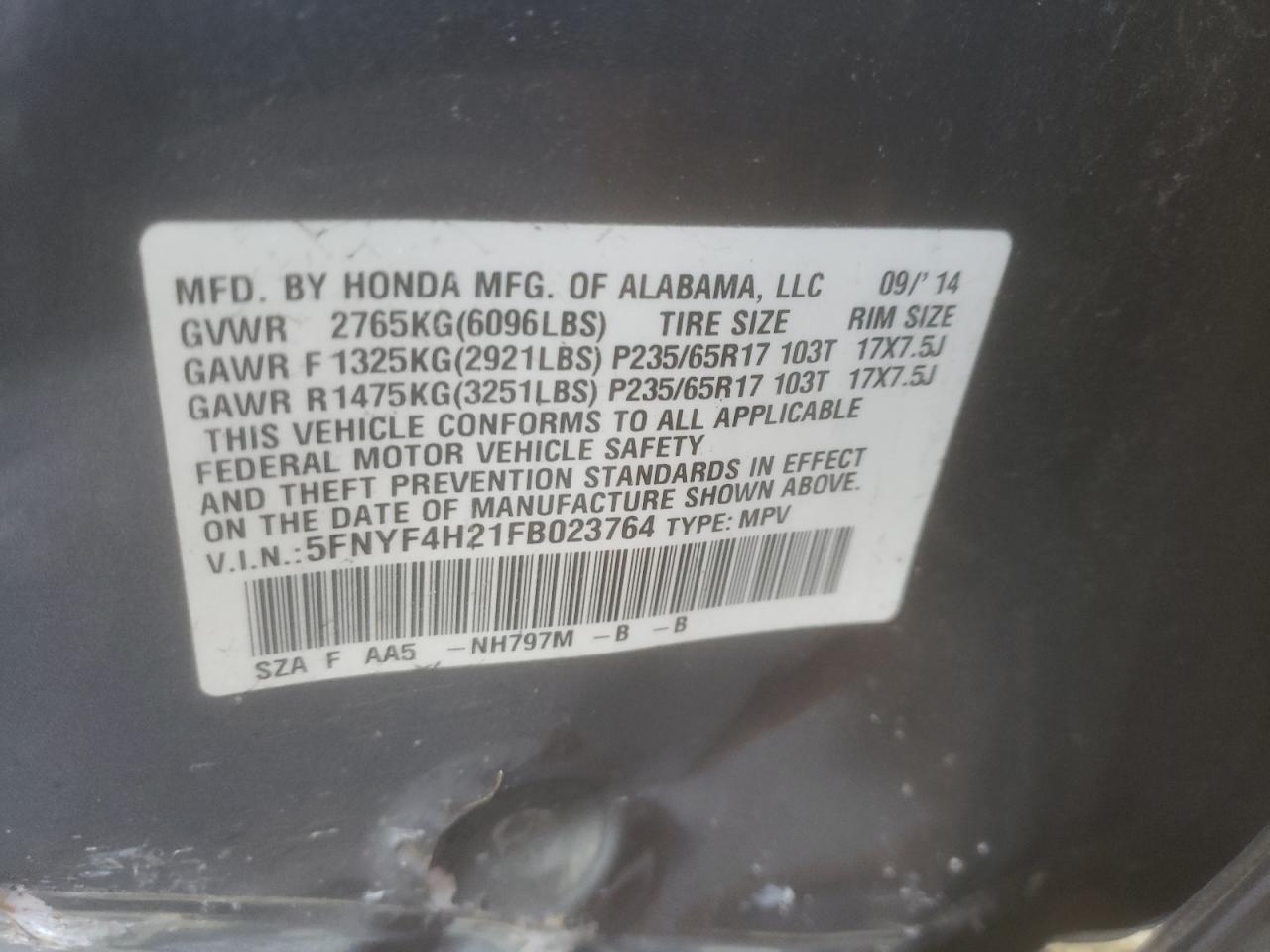 Photo 10 from auction – 2015 HONDA PILOT LX with VIN 5FNYF4H21FB023764