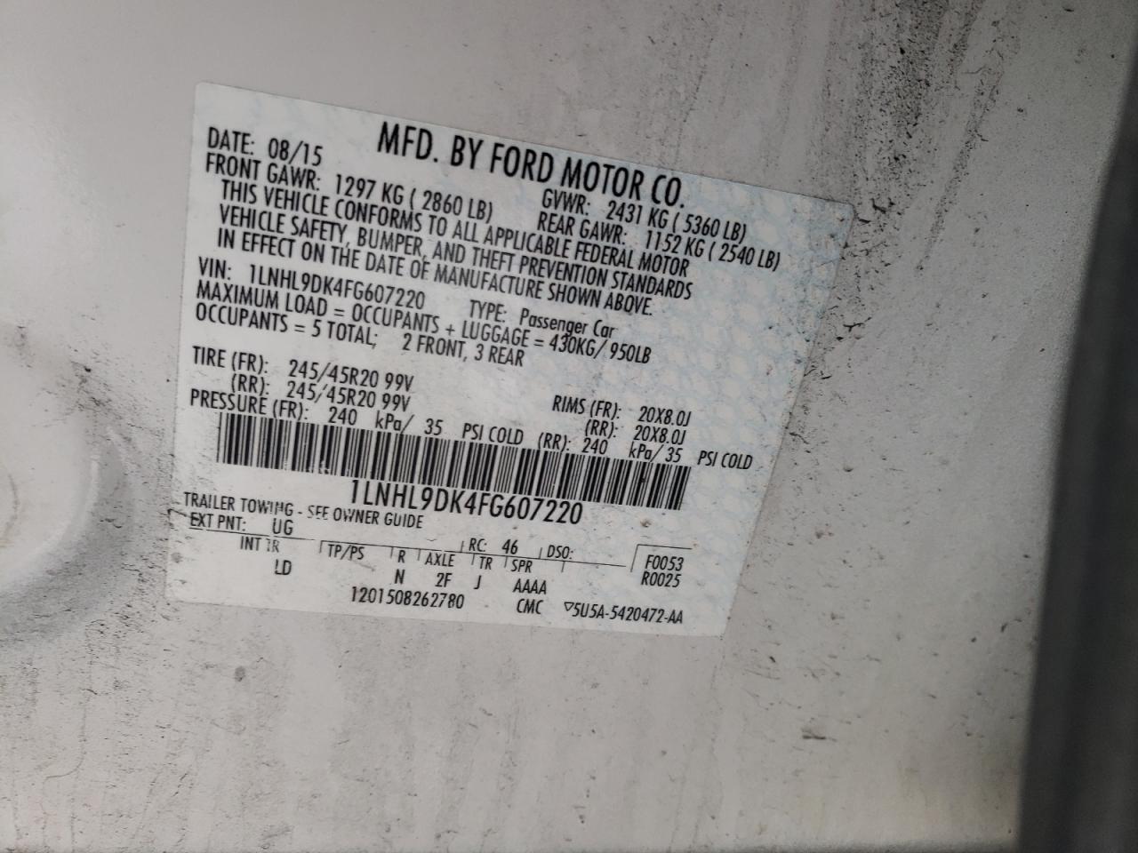 Photo 10 from auction – 2015 LINCOLN MKS with VIN 1LNHL9DK4FG607220