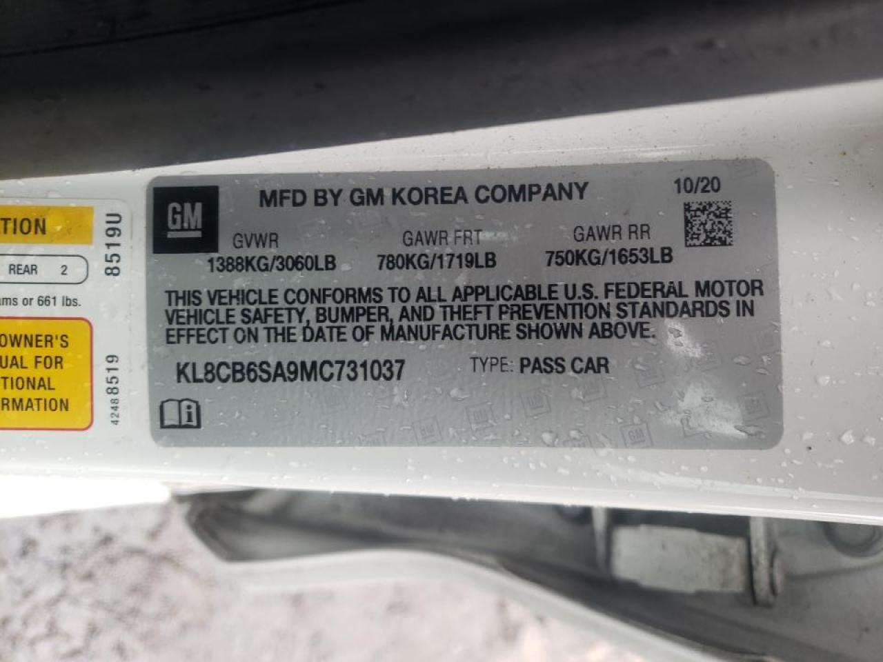 Photo 10 from auction – 2021 CHEVROLET SPARK LS with VIN KL8CB6SA9MC731037