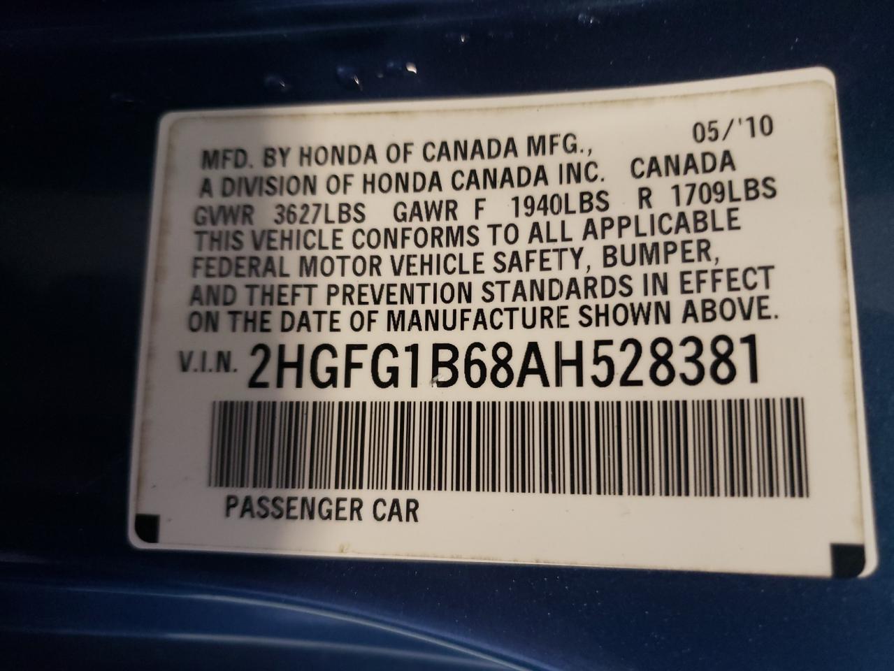 Photo 10 from auction – 2010 HONDA CIVIC LX with VIN 2HGFG1B68AH528381