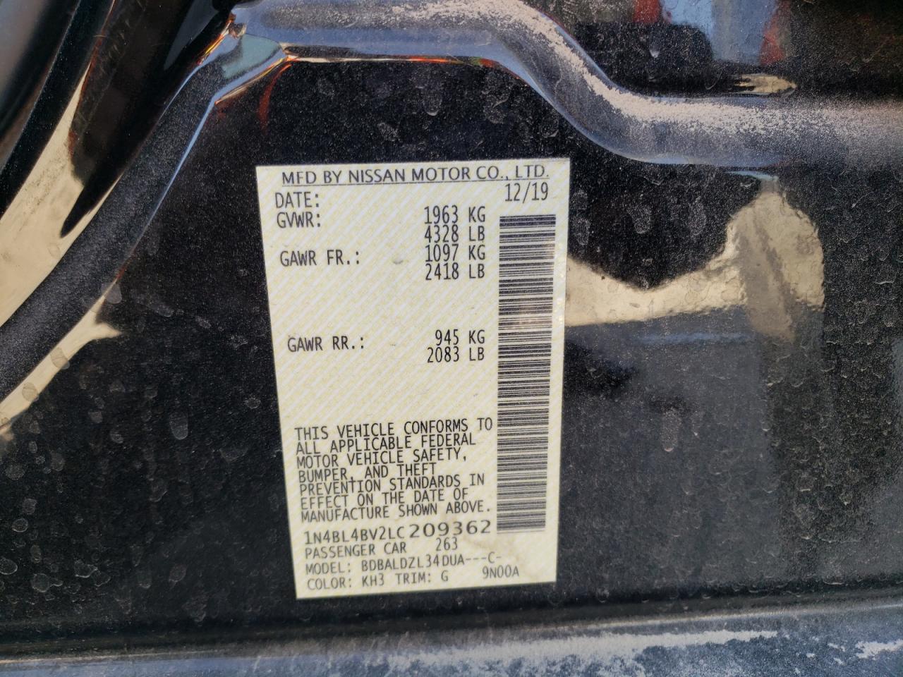 Photo 10 from auction – 2020 NISSAN ALTIMA S with VIN 1N4BL4BV2LC209362