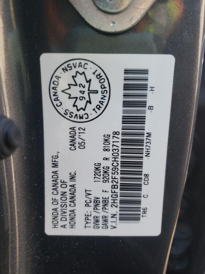 Photo 10 from auction – 2012 HONDA CIVIC LX with VIN 2HGFB2F59CH037178