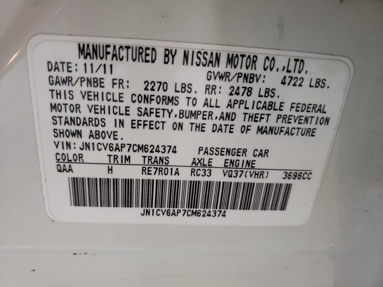 Photo 10 from auction – 2012 INFINITI G37 BASE with VIN JN1CV6AP7CM624374