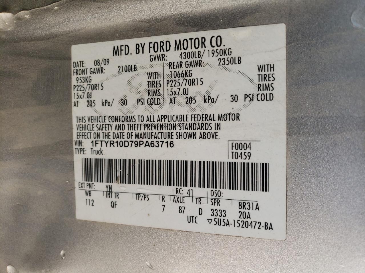 Photo 10 from auction – 2009 FORD RANGER with VIN 1FTYR10D79PA63716