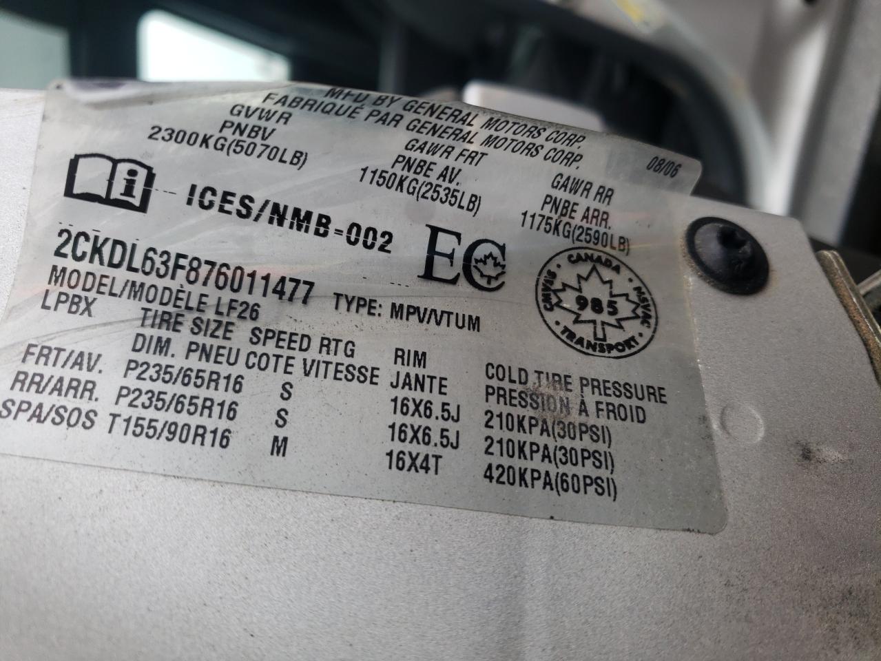 Photo 10 from auction – 2007 PONTIAC TORRENT with VIN 2CKDL63F876011477