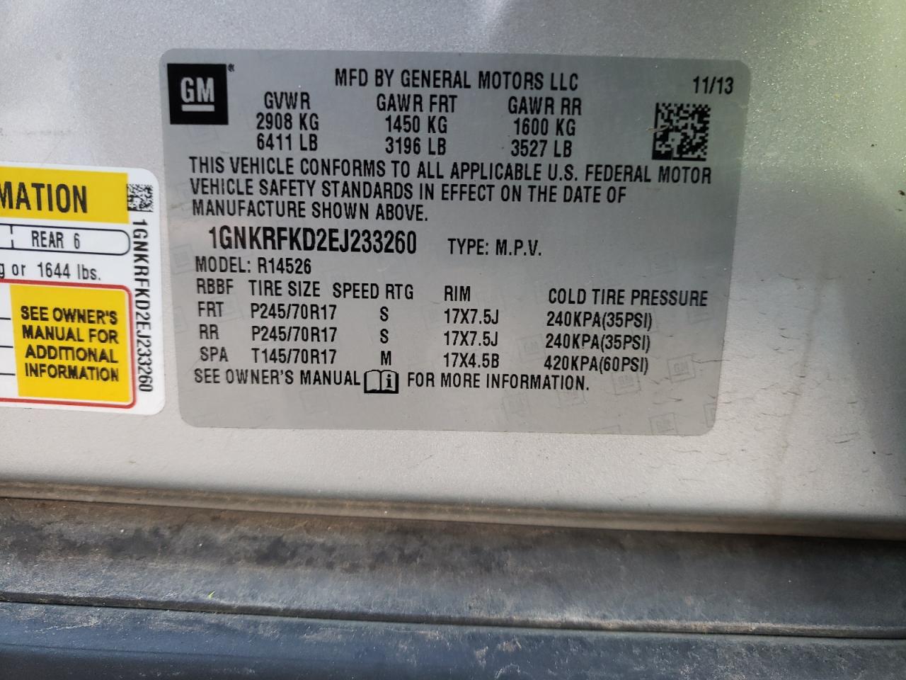 Foto 10 de la subasta – 2014 CHEVROLET TRAVERSE L con VIN 1GNKRFKD2EJ233260