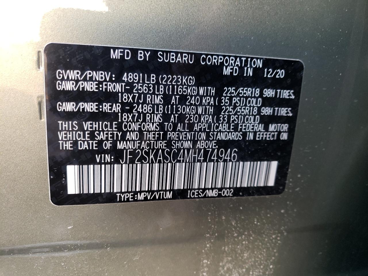 Photo 10 from auction – 2021 SUBARU FORESTER L with VIN JF2SKASC4MH474946