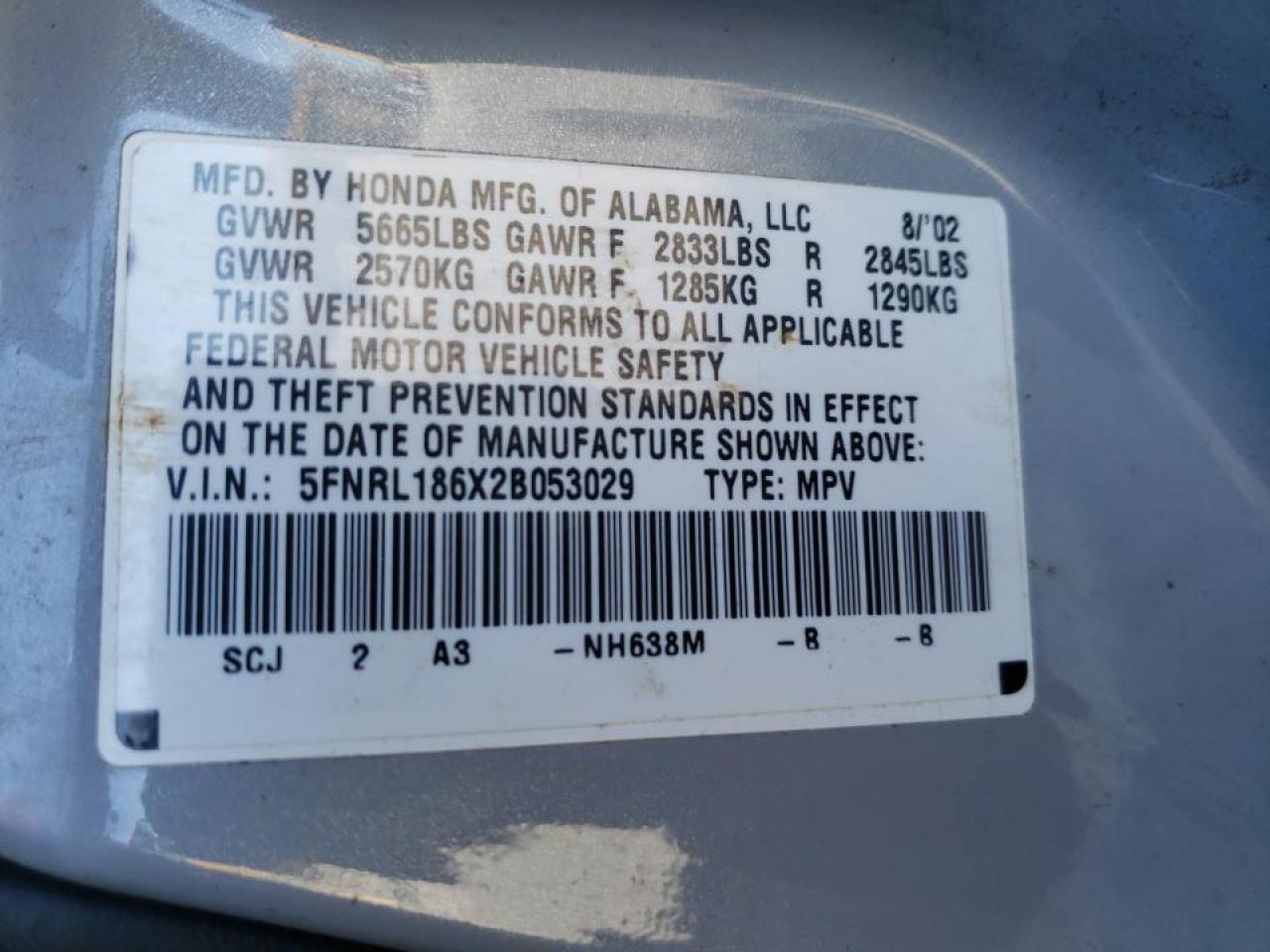 Photo 10 from auction – 2002 HONDA ODYSSEY EX with VIN 5FNRL186X2B053029