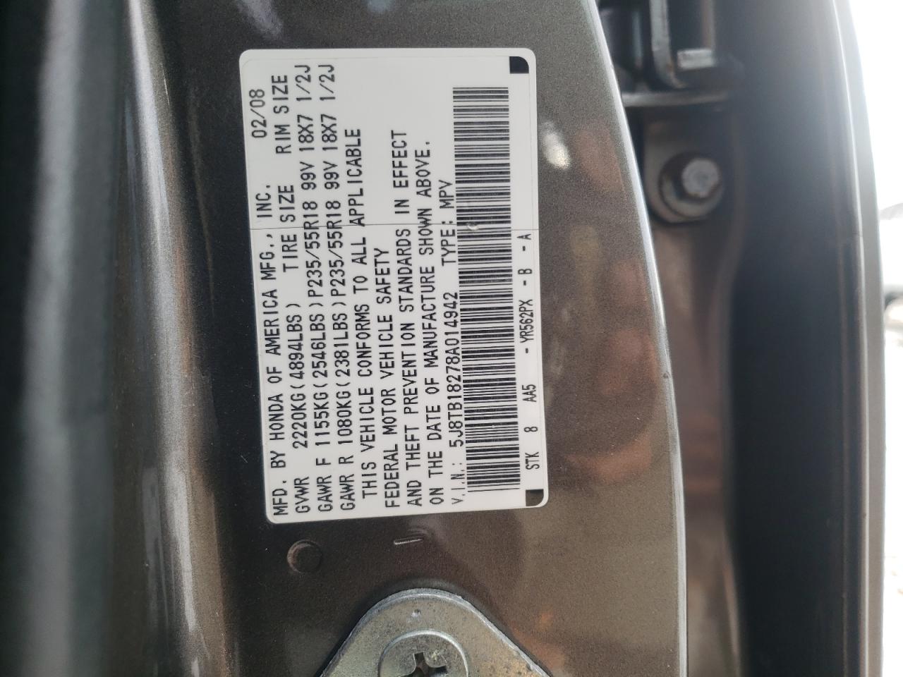 Photo 10 from auction – 2008 ACURA RDX with VIN 5J8TB18278A014942