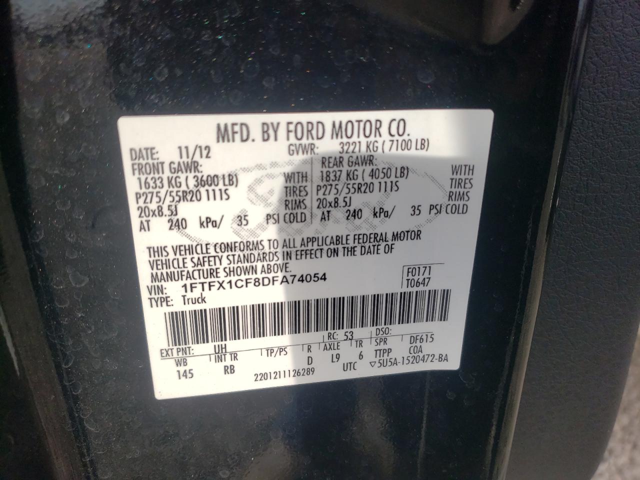 Photo 10 from auction – 2013 FORD F150 SUPER with VIN 1FTFX1CF8DFA74054