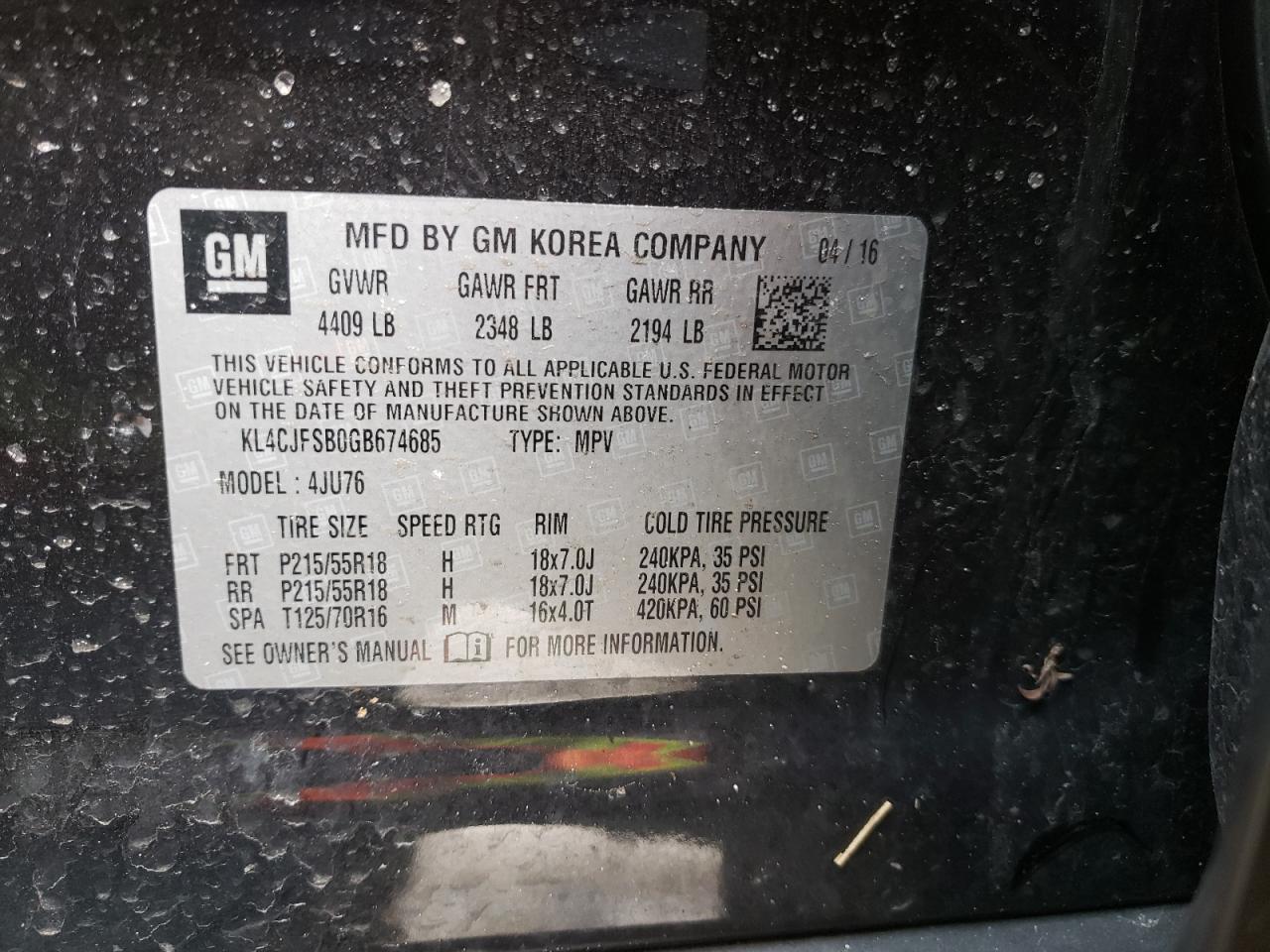 Photo 10 from auction – 2016 BUICK ENCORE CON with VIN KL4CJFSB0GB674685