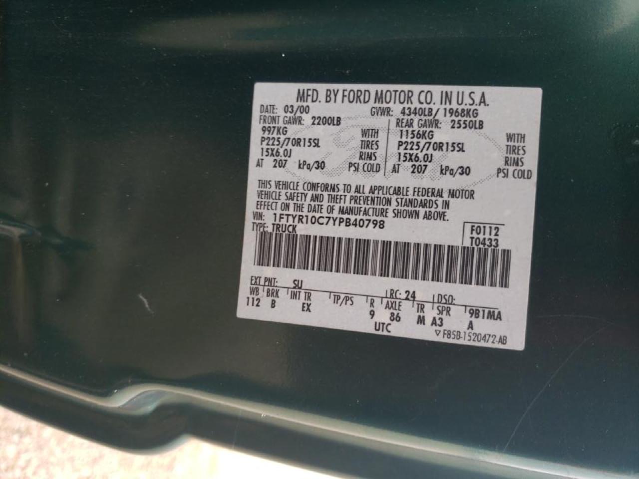Photo 10 from auction – 2000 FORD RANGER with VIN 1FTYR10C7YPB40798
