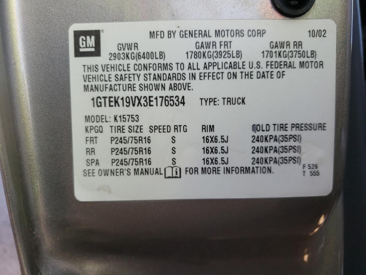 Photo 10 from auction – 2003 GMC NEW SIERRA with VIN 1GTEK19VX3E176534