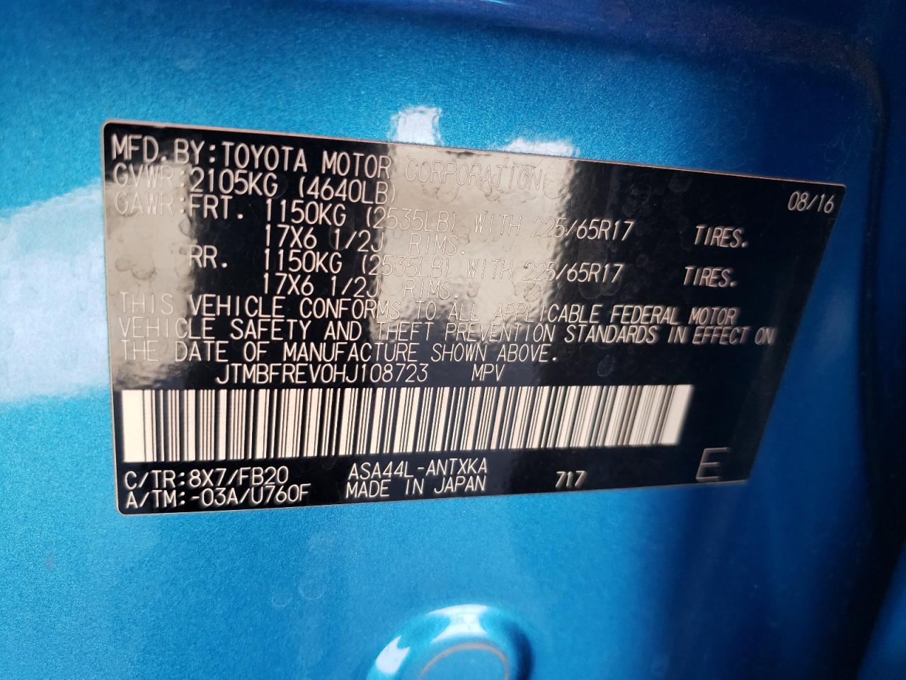 Photo 10 from auction – 2017 TOYOTA RAV4 LE with VIN JTMBFREV0HJ108723