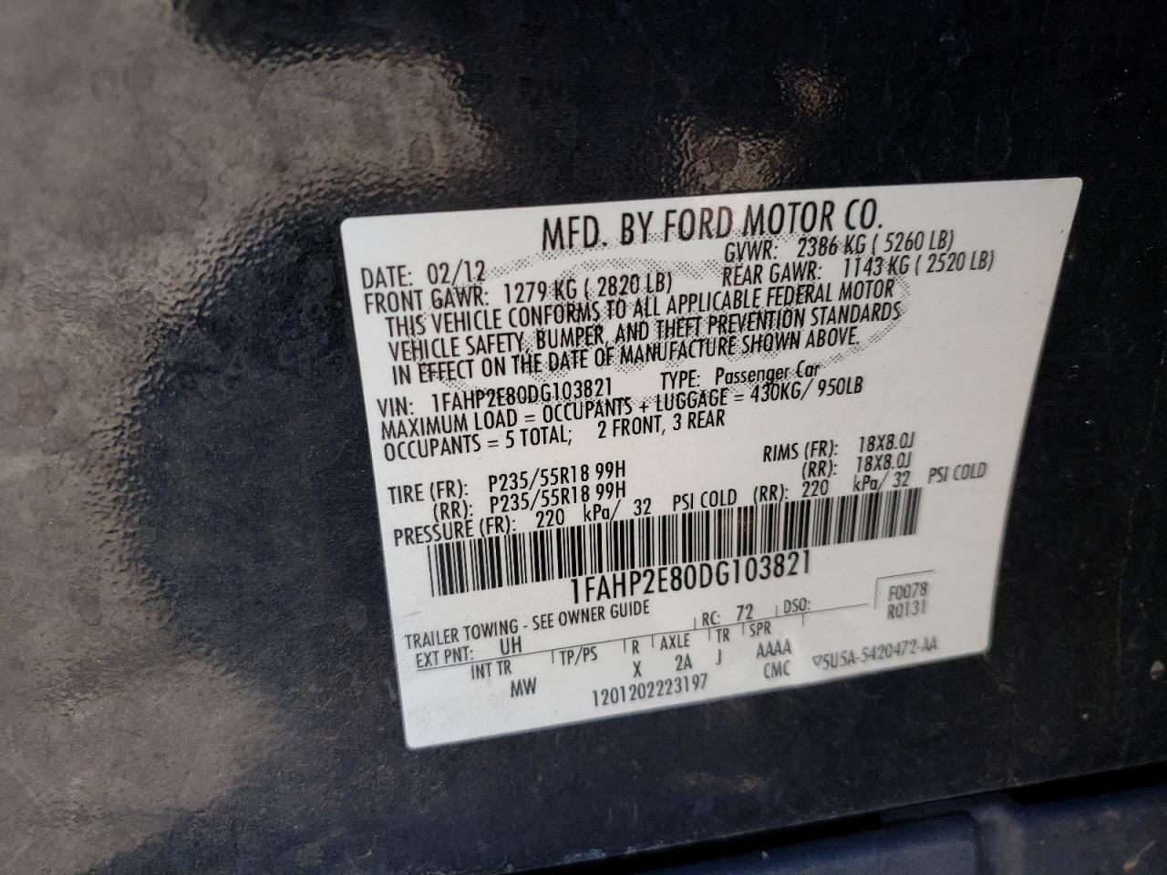 Photo 10 from auction – 2013 FORD TAURUS SEL with VIN 1FAHP2E80DG103821
