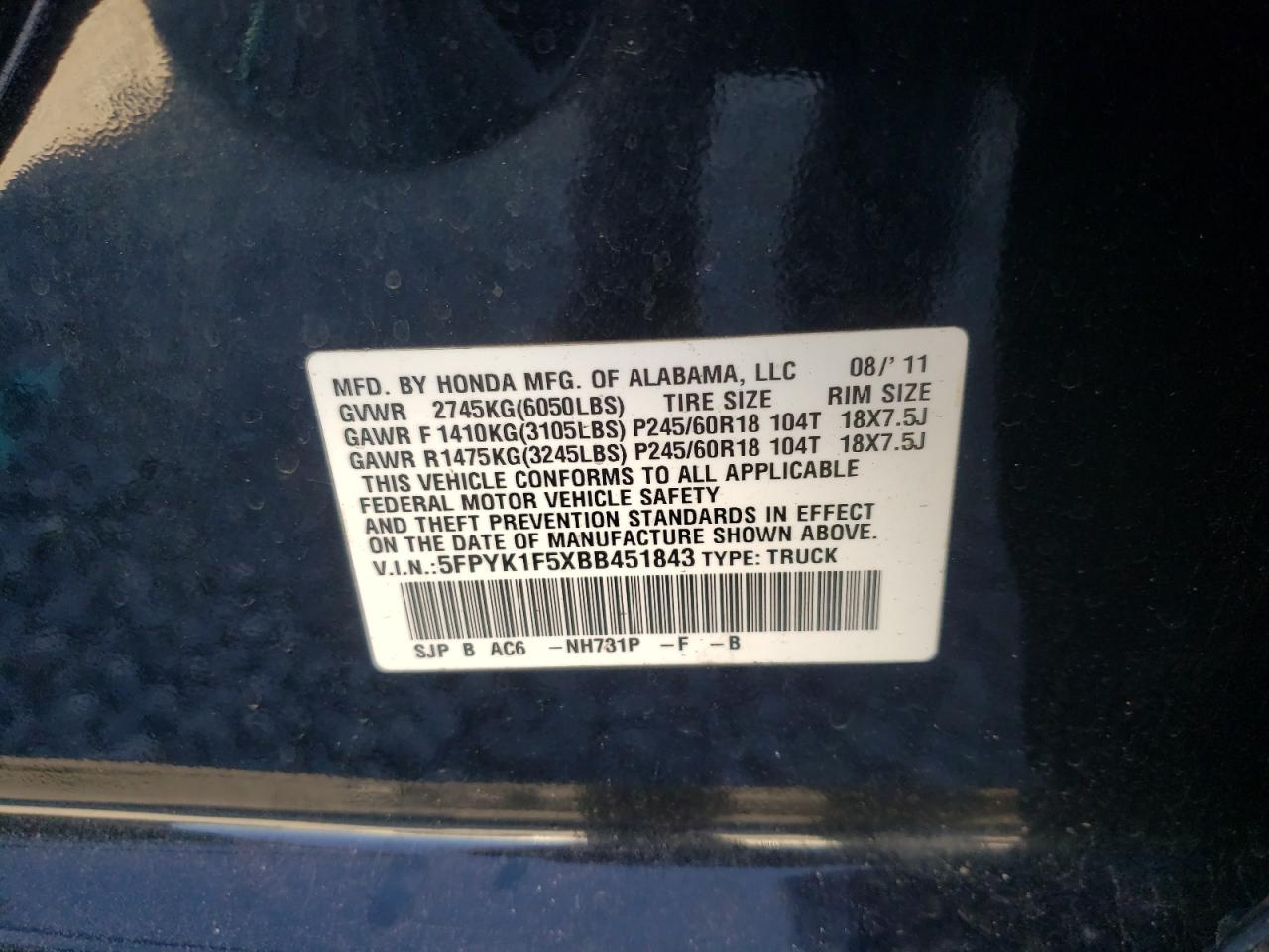 Photo 10 from auction – 2011 HONDA RIDGELINE with VIN 5FPYK1F5XBB451843