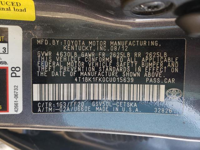 Photo 10 from auction – 2012 TOYOTA CAMRY SE with VIN 4T1BK1FK0CU015639