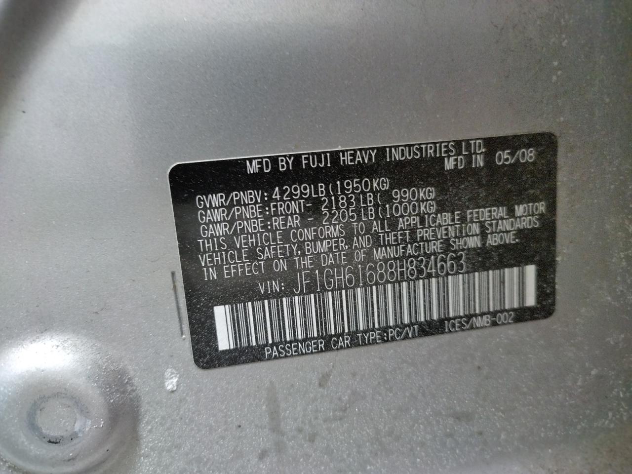 Photo 10 from auction – 2008 SUBARU IMPREZA 2. with VIN JF1GH61688H834663